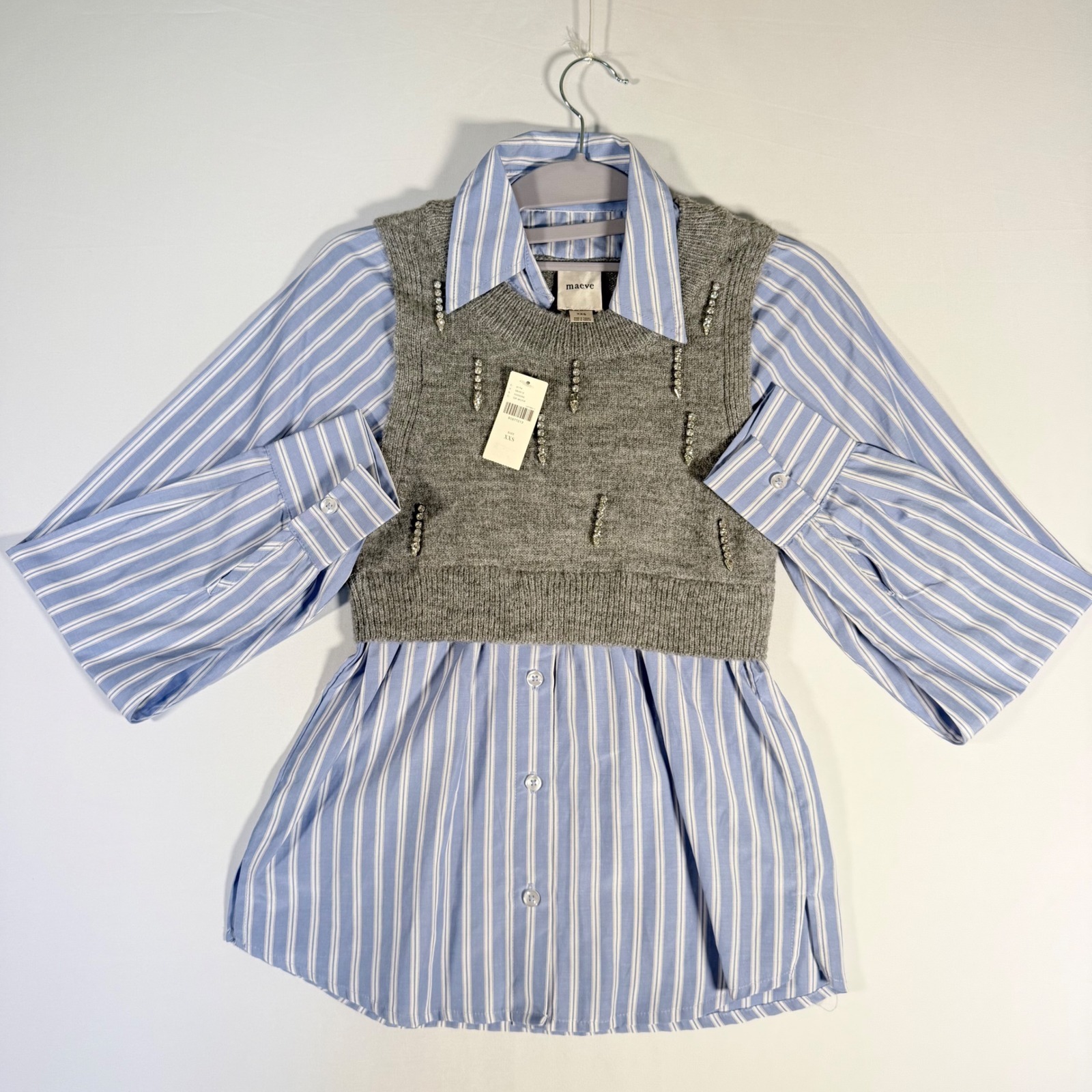 Maeve Twofer Sweater Vest Top Xxs Blue Gray Strip Rhinestone Knit Layered Preppy